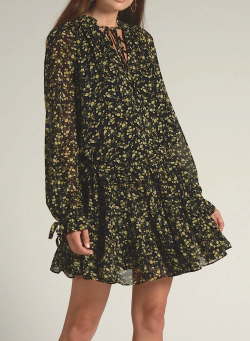 90511 LONG SLEEVE FLORAL PRINT WAIST TIE DRESS