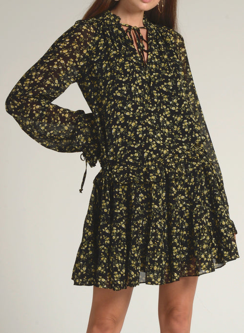 90511 LONG SLEEVE FLORAL PRINT WAIST TIE DRESS